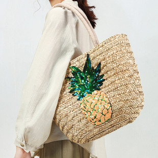 夏天亮片菠萝水草手工编织手提单肩大包，菜篮子旅游度假沙滩包