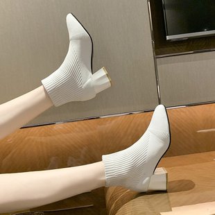 白色飞织瘦瘦靴女2024高跟短靴时尚，粗跟马丁靴针织弹力袜靴子