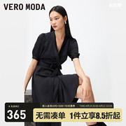 veromoda连衣裙2024春夏收，腰v领泡泡袖，荷叶边小黑裙优雅显瘦