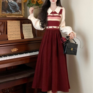 复古红樱桃爱心甜美减龄针织，连衣裙秋冬大码假两件拼接设计感长裙