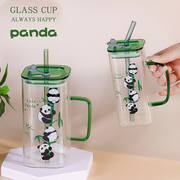 夏天大容量水杯可爱儿童熊猫杯高颜值杯子玻璃杯带把手茶杯吸管杯