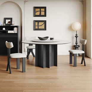 白色岩板圆桌1.2米家用小户型轻奢高端复古风全托8人圆形实木餐桌