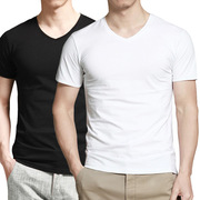 夏季时尚男士短袖t恤莱卡棉透气大小码白色圆V领打底半袖衫薄款