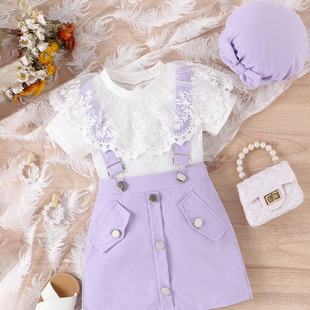 童装韩版女童春夏蕾丝镂空娃娃领短袖，糖果色背带短裙儿童套装