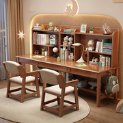 实木书桌书架一体桌子，中小学生电脑桌儿童双人学习桌，长条写字桌椅