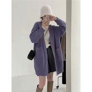 紫色毛衣外套女冬无扣慵懒温柔风，加厚气质中长款针织开衫上衣