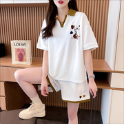 拼色刺绣短袖+短裤，套装女夏季韩版宽松特大码200-300斤两件套
