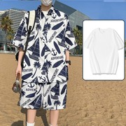 三亚沙滩套装男短袖衬衫夏季海南岛服海滩度假花，衬衣男装冰丝一套