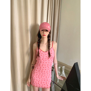 boamarket樱桃吊带裙粉色，性感短裙露肩，2023年露背修身弹力显瘦
