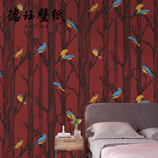 北欧现代简约树杆白桦树小鸟红色蓝色墙纸客厅卧室背景无纺布壁纸