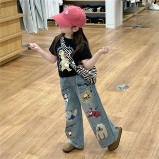 韩系女童夏装套装时尚卡通短袖牛仔裤搭配一整套小女孩儿童两件套