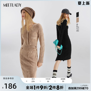 meetlady黑色针织长袖连衣裙，女2024春秋装，腰部镂空收腰长袖裙子