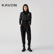 kavon卡汶黑色品牌ip，绣花针织小香风蝙蝠廓形v领装饰钮长袖外套