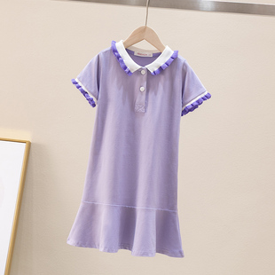 2024夏季女童紫色Polo长裙短袖撞色花边连衣裙洋气裙摆亲子装