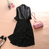 高级感西装裙 黑色修身七分袖条纹雪纺拼接连衣裙 显瘦百褶裙长裙