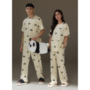 夏天睡衣情侣装一男一女纯棉，圆领短袖长裤，可爱卡通熊猫家居服套装