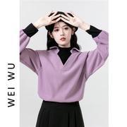 假两件长袖衬衫女秋季2023设计感半高领拼接厚t恤紫色套头上