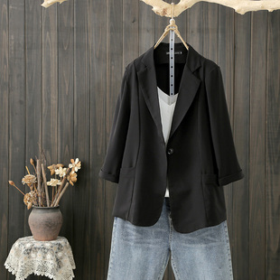 夏季大码200斤西装外套，女韩版宽松黑色薄款防晒西服，七分袖上衣潮