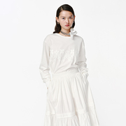 设计师品牌XIAOLI筱李原创蕾丝图案印花长袖T恤上衣白色