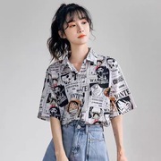 卡通印花雪纺短袖衬衫女夏季2022年韩版设计感小众T恤上衣潮