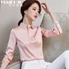 粉色雪纺衬衫长袖女宽松设计感小众缎面衬衣，韩版时尚气质甜美上衣