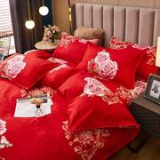 大红色纯棉加厚床单被套，四件套全棉磨毛双人床中式婚庆六件套床品