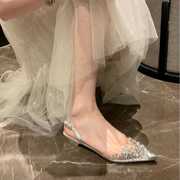 银色平底水钻凉鞋女2024年仙女风水晶一字带，尖头透明低跟单鞋