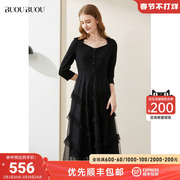 Buou Buou法式宫廷风黑色轻奢蕾丝蛋糕裙高腰修身连衣裙DH3G829