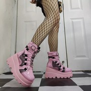 pinkkiller粉色厚底鞋，短靴系带骑士朋克女靴，大码黑色坡跟暗黑
