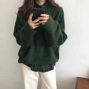 秋冬复古绿色格纹衬衫，+韩版宽松圆领毛衣两件套女小个子炸街套装