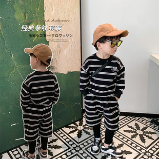 韩版2024春秋男女童条纹潮牌套装洋气儿童假两件卫衣幼儿园两件套