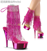 透明粉色细跟靴超高跟短靴圆头靴套筒时装女低筒靴弹力短筒靴