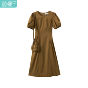 商场同款茵曼短袖连衣裙2023夏女装(夏女装)个性拼接灯笼袖裙子