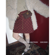 1cp红色毛呢格子半身裙，女百搭2023冬季灰色，保暖羊毛a字裤裙