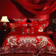 全棉新婚庆(新婚庆)四件套大红色，长绒棉龙凤刺绣喜被套，结婚六八十件套床品