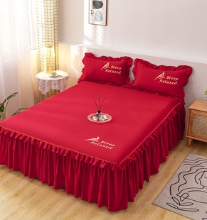 结婚红色床罩2023年公主风床裙婚庆床裙式保护防尘套婚房防滑