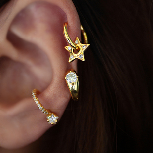 星星耳环法式满钻五角星耳骨环欧美个性设计感耳扣925银2023