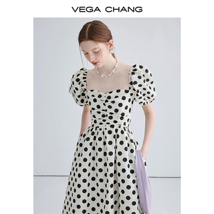 VEGA CHANG泡泡袖连衣裙女夏季方领法式小众设计感圆点印花长裙