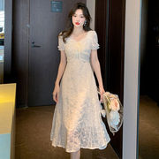 温柔风夏季法式连衣裙韩版甜美高腰显瘦仙女蕾丝雪纺裙子女装