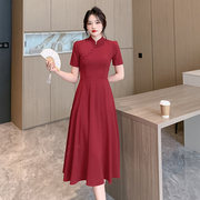 大码女装夏季微胖显瘦高级感改良旗袍新中式国风红色连衣裙子