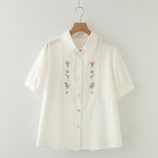 日系软妹森女风刺绣花朵蕾丝花边娃娃领设计感短袖纯棉白衬衫上衣