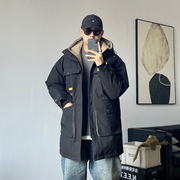 冬季高端连帽中长款羽绒服男宽松大码加肥加大加厚款保暖工装外套