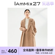 iammix27冬季毛呢外套女时尚，个性千鸟格中长款全羊毛西装领大衣女