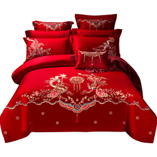 恒源祥全棉婚庆四件套纯棉结婚床上用品，新婚床品红色，喜被龙凤婚嫁