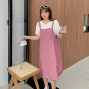胖妹妹韩版学院风雪纺，衫套装夏季大码女装，减龄背带裙两件套