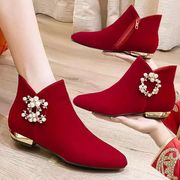 秋冬季新娘婚鞋红色中式孕妇结婚低跟大码平底红鞋加绒短靴子