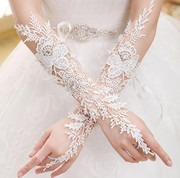 新娘婚纱礼服蕾丝花边手套镂空花朵中长款勾指绑带手套婚礼配件