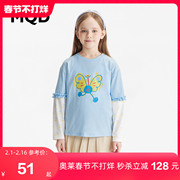 MQD童装女童2023春季假两件条纹T恤儿童宽松卡通长袖体恤