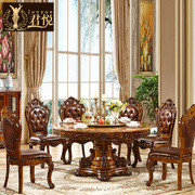 美式复古餐桌椅组合欧式大理石圆桌带转盘别墅，圆形桌餐厅全屋家具
