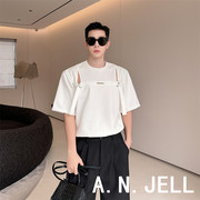 24夏ANJELL时尚韩国版男装起义黑白色学生绑带镂空金属标短袖T恤